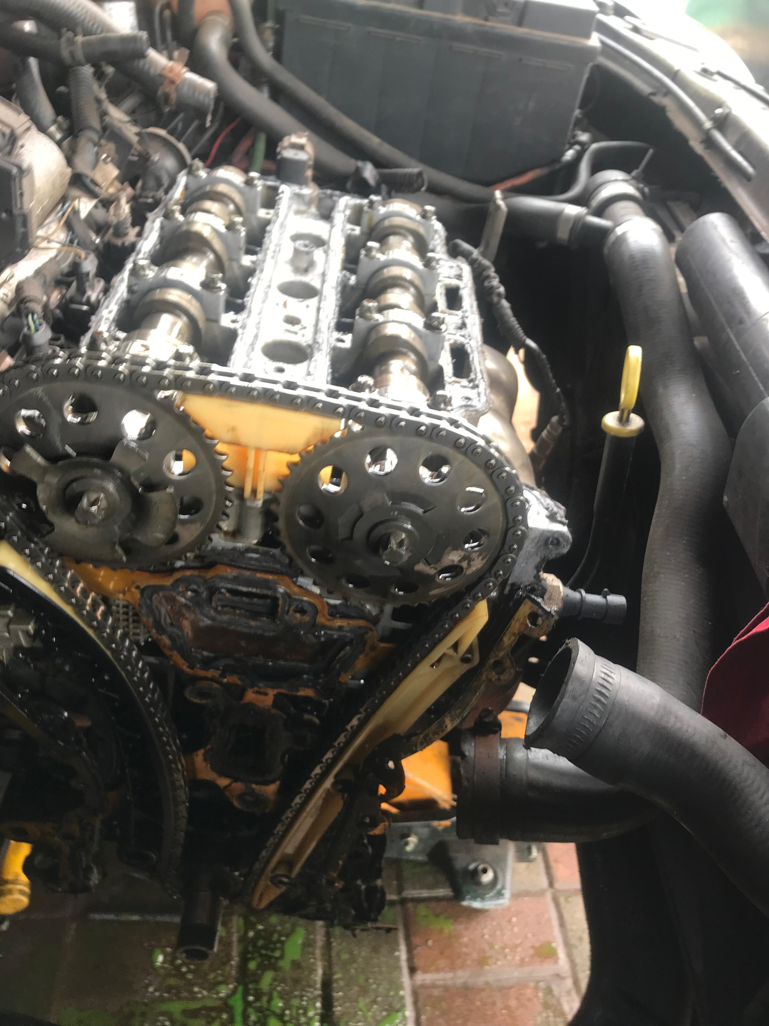 Camshafts exposed during engine work